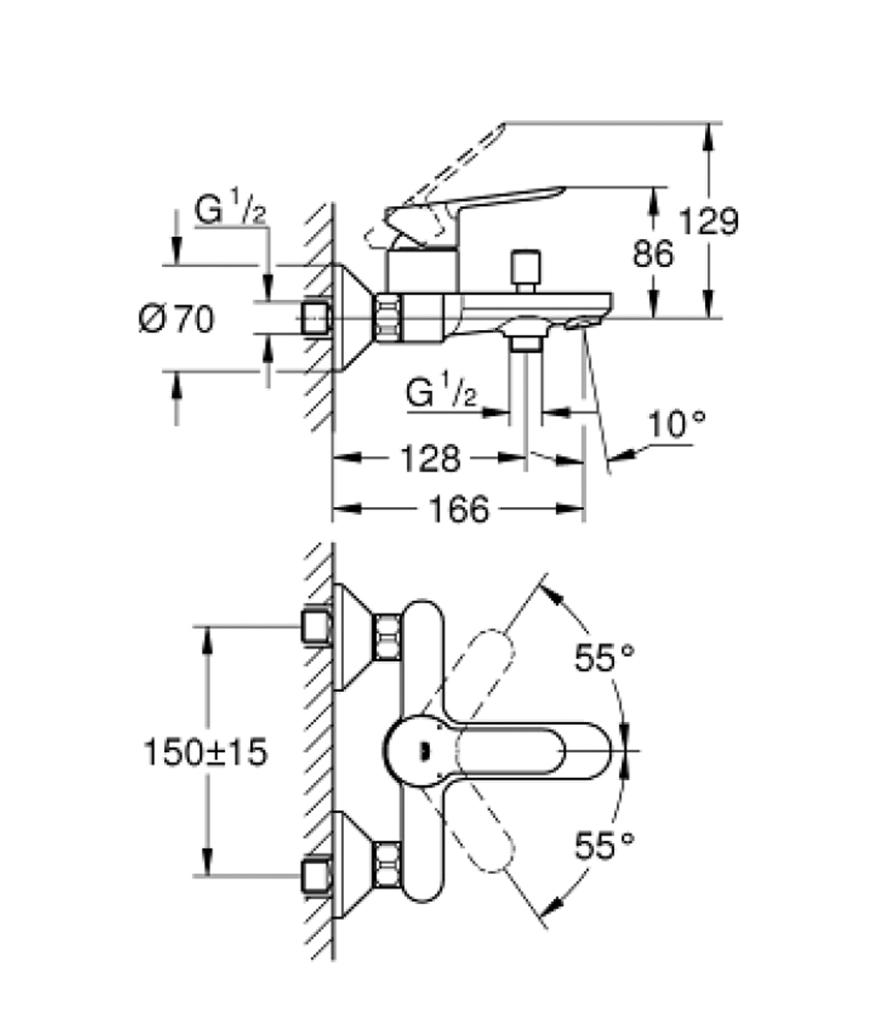 Grohe BauEdge 浴缸龍頭23605000尺寸圖