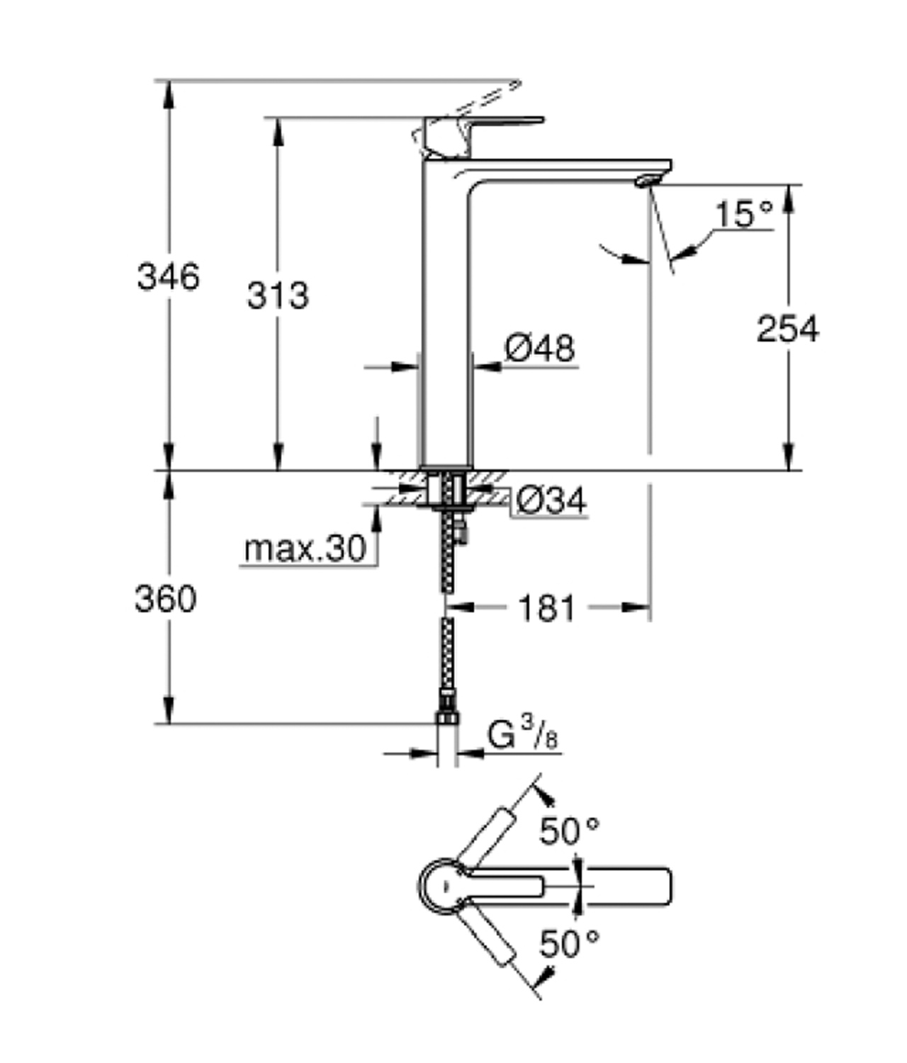 Grohe Lineare New XL面盆龍頭23405001尺寸圖