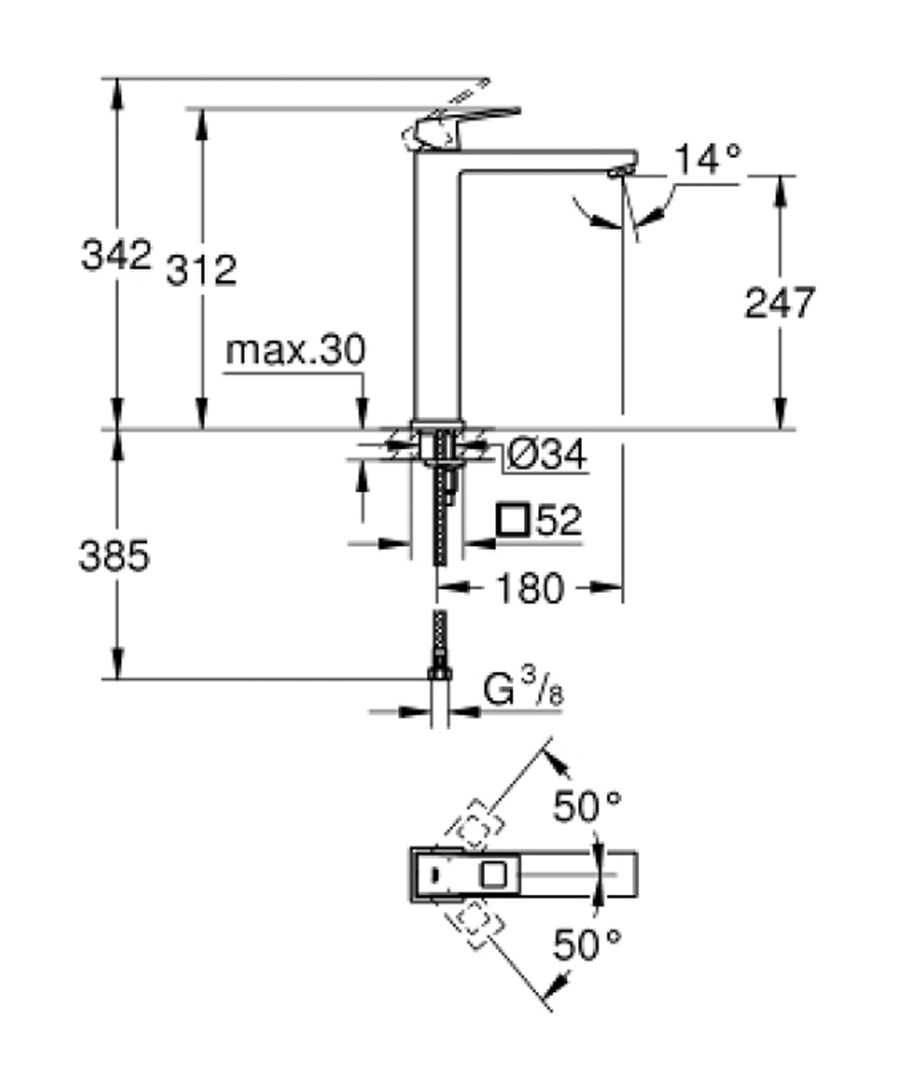 Grohe Eurocube 面盆龍頭23406000尺寸展示
