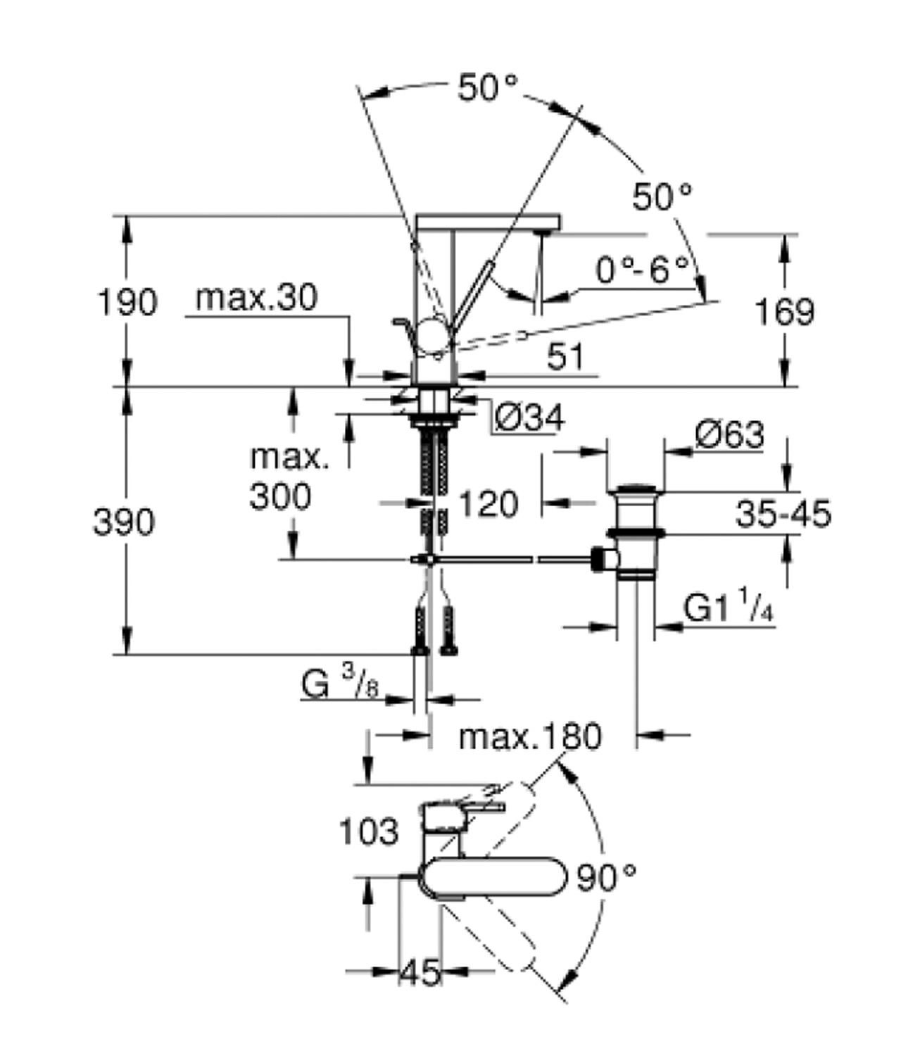 Grohe Plus M面盆龍頭尺寸图