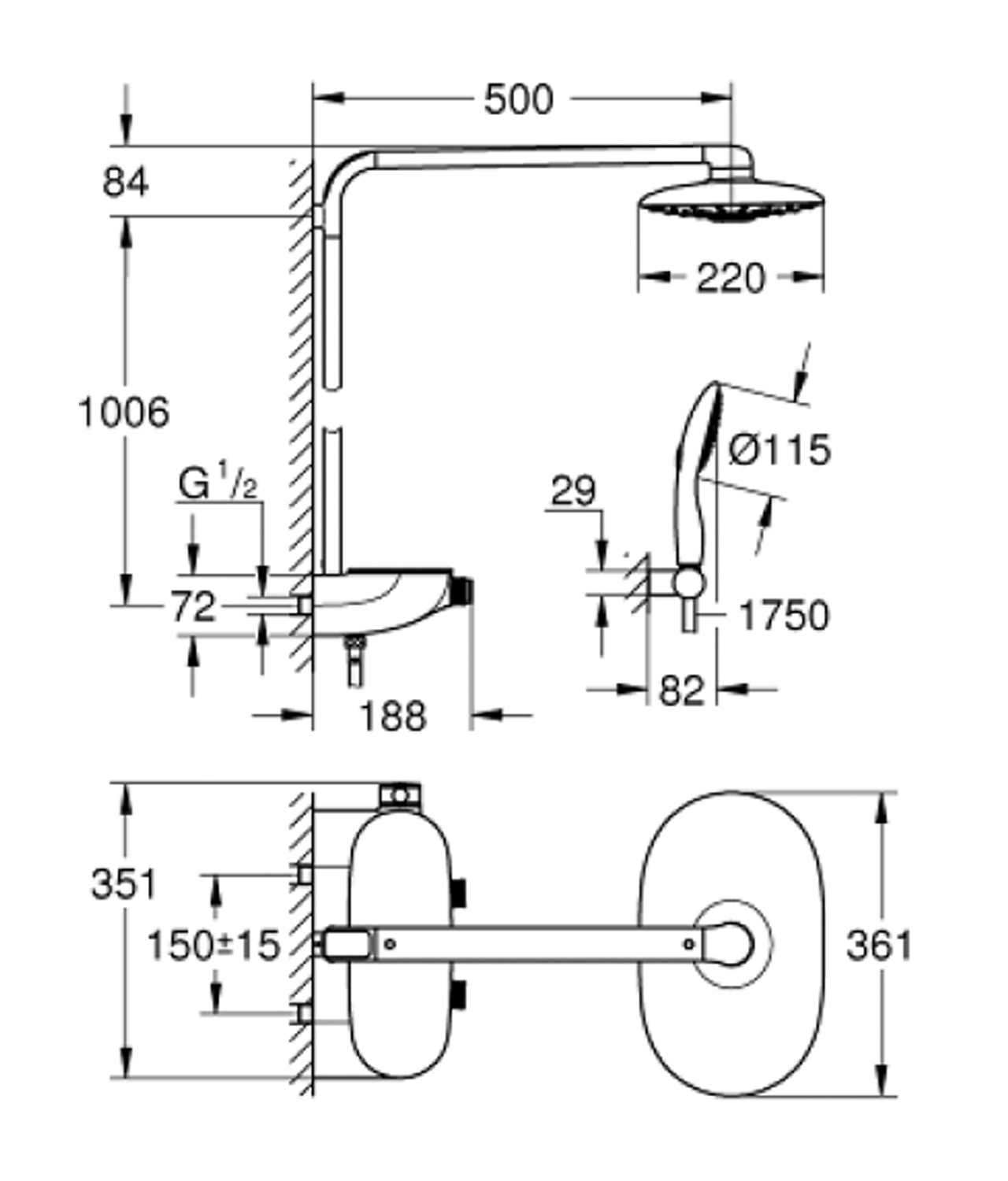 Grohe RSH SmartControl 恆溫淋浴系統尺寸图