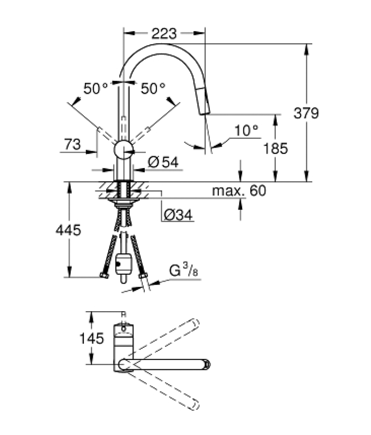 Grohe Minta sink C-spout Dual Spray廚房龍頭尺寸图