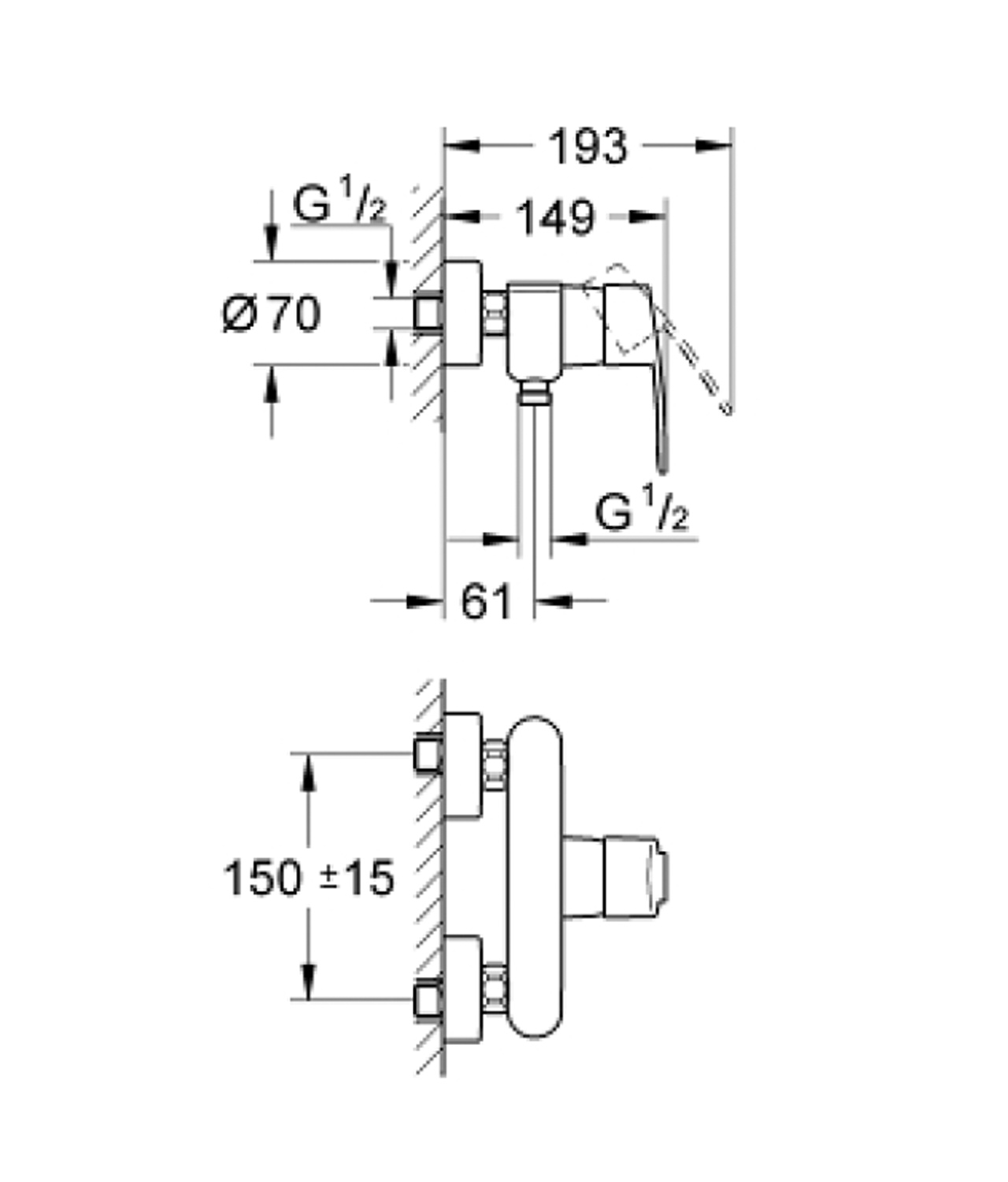 Grohe Eurostyle Cosmopolitan淋浴龍頭尺寸图