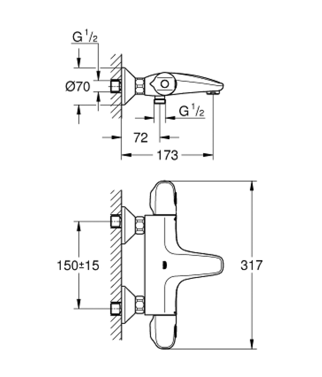 Grohe GRT 1000 恆溫浴缸龍頭34155003尺寸图
