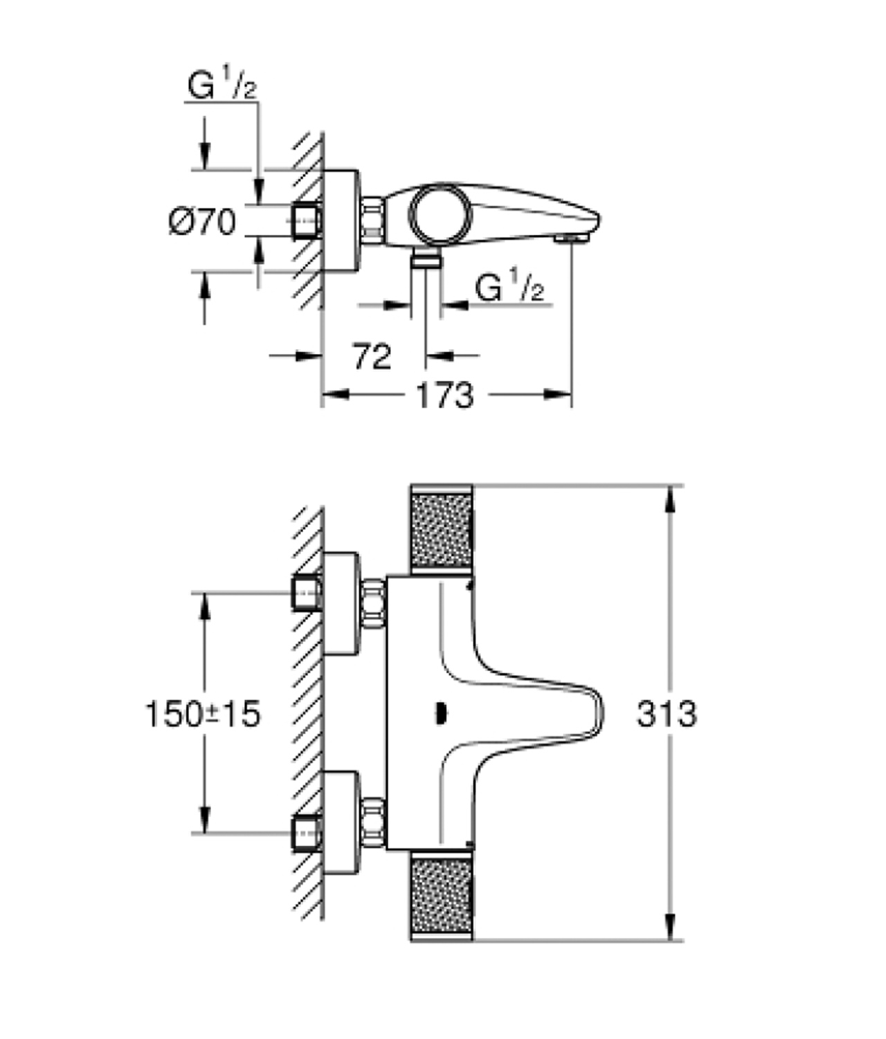 Grohe GRT 1000 Performance 恆溫浴缸龍頭尺寸图