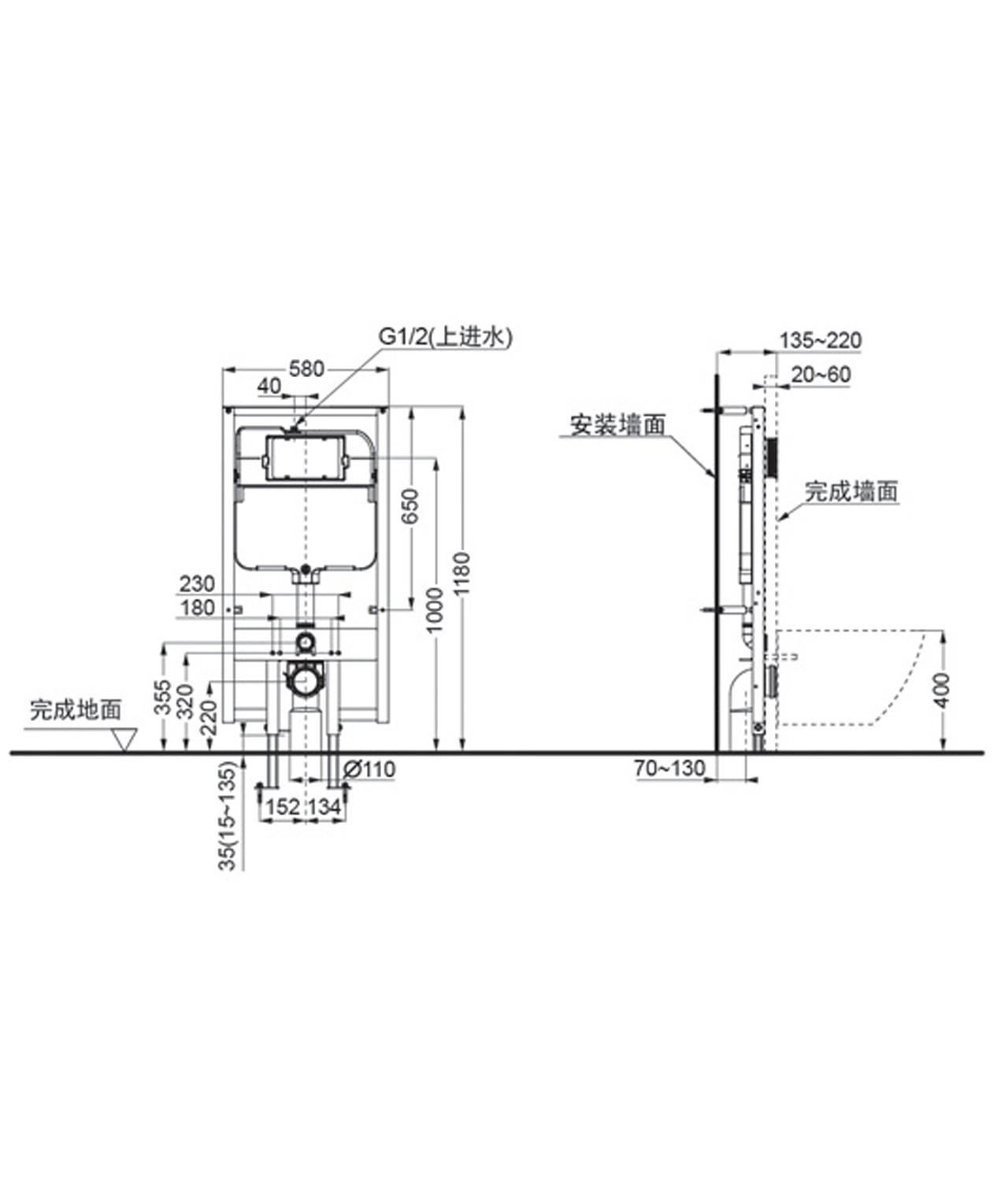TOTO隱藏水箱WH172B尺寸圖